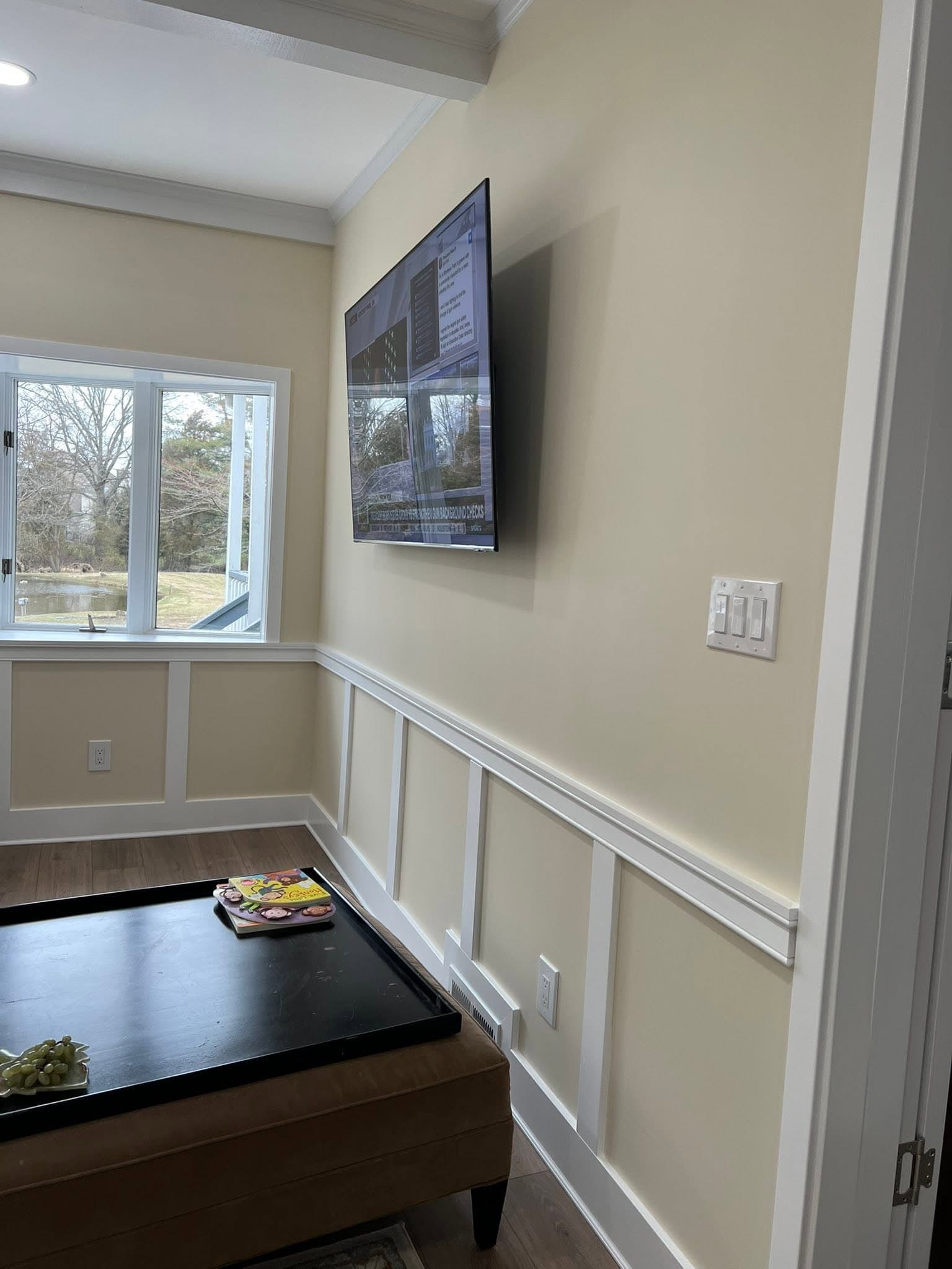 Room with stone-faced fireplace, after view 6