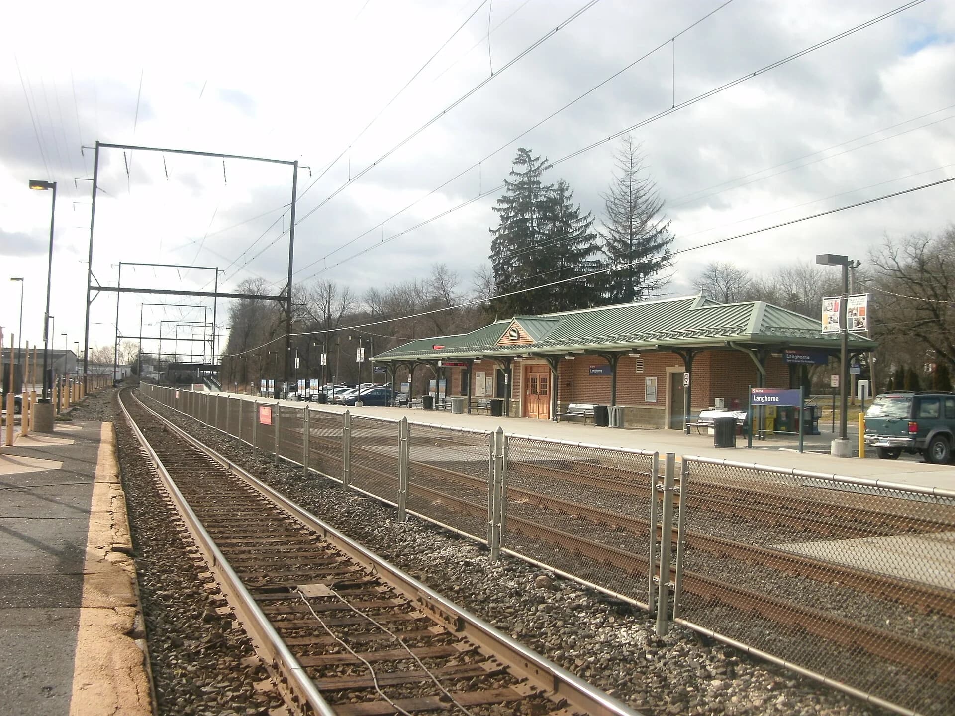 Tracks and station building at Langhorne SEPTA station