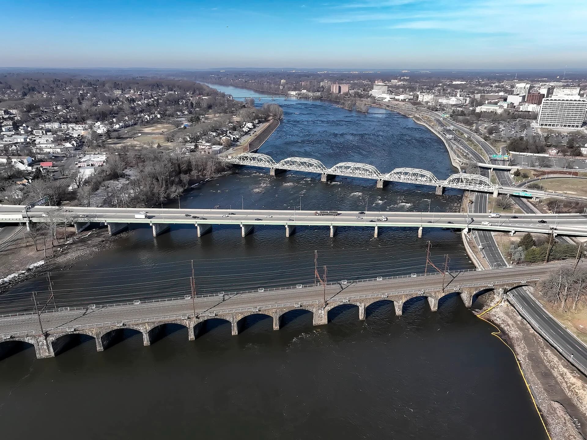 Aerial view of the Trenton bridges connecting Morrisville and Trenton