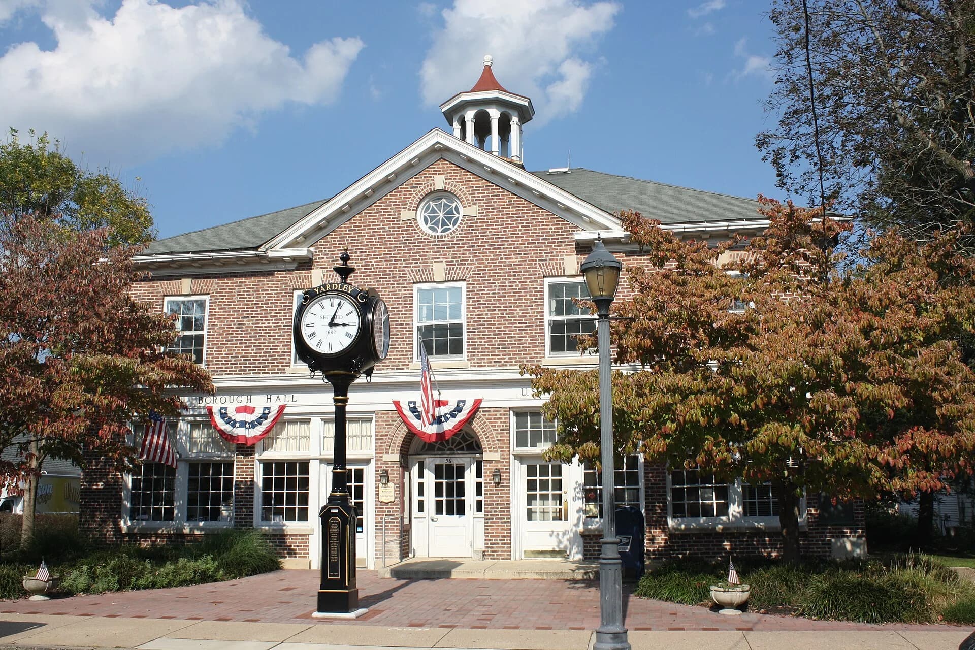 Yardley Borough Hall and street clock on Main Street